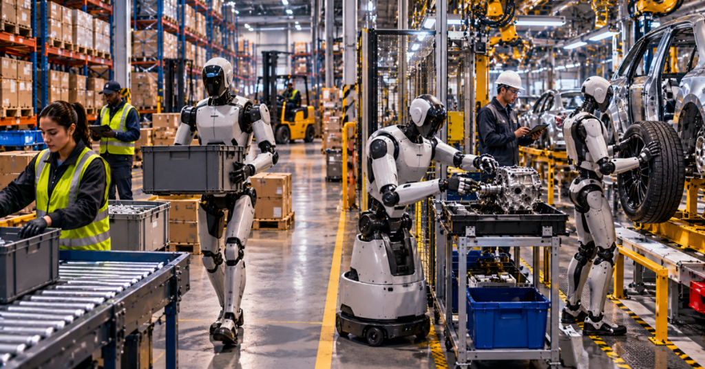 Illustrative cinematic factory scene with multiple humanoid robots handling warehouse totes, components and tires beside employees