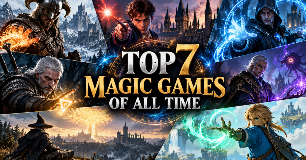 Original fantasy editorial collage of seven archetypal magic users, spell effects and castles with the Top 7 Magic Games of All Time headline.