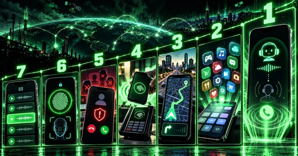 Countdown graphic ranking seven major mobile phone features from visual voicemail and biometric unlock to apps, navigation and Hold for Me.