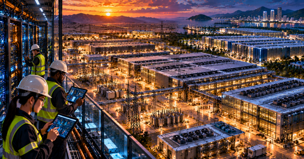 Detailed anime-inspired scene of operating AI data center buildings, cooling, power and technicians working across a global campus