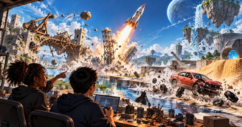 Original anime editorial art depicts two diverse game designers overseeing a physics sandbox with a rocket launch, destructible bridges, simulated water, a damaged car and mechanical contraptions.
