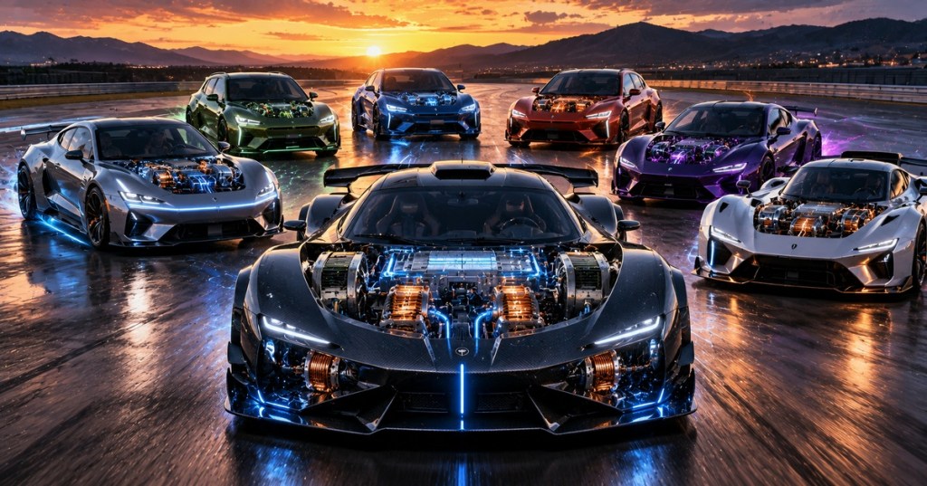 Realistic editorial image of seven high-performance electric cars with exposed electric motors and power electronics on a racetrack.