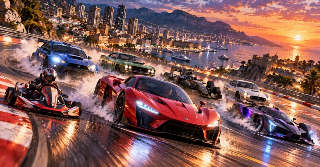 Original photo-realistic and anime-blended editorial racing artwork showing an ensemble of kart, rally, open-wheel and hypercars on a wet coastal race circuit at sunset; conceptual artwork rather than actual video-game footage.