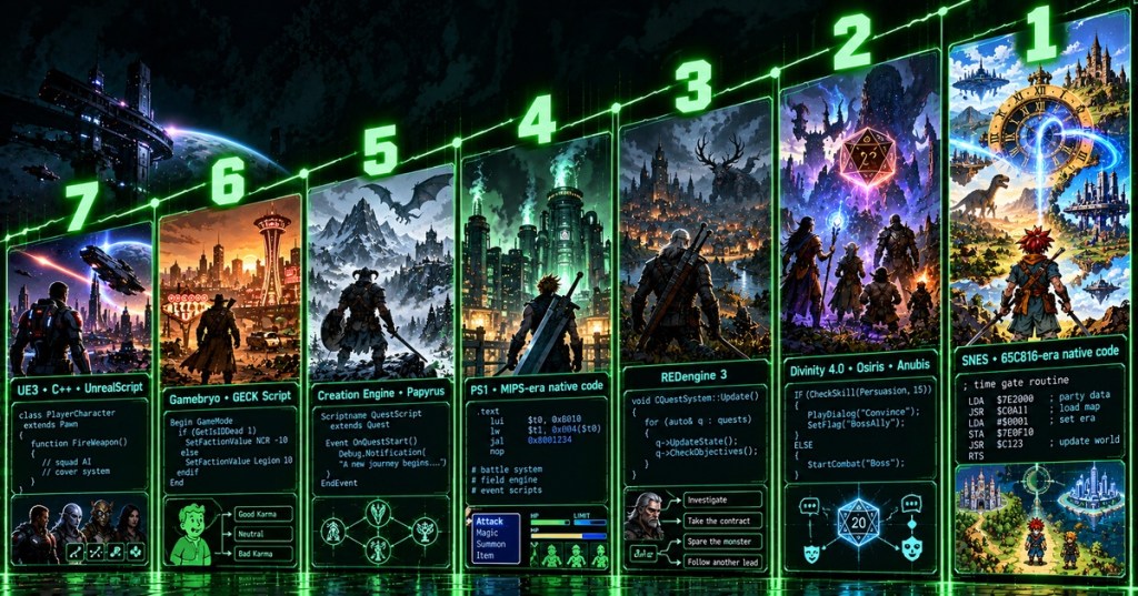 Neon-green countdown graphic ranking seven landmark RPGs alongside their game engines, scripting systems and code-era architecture.