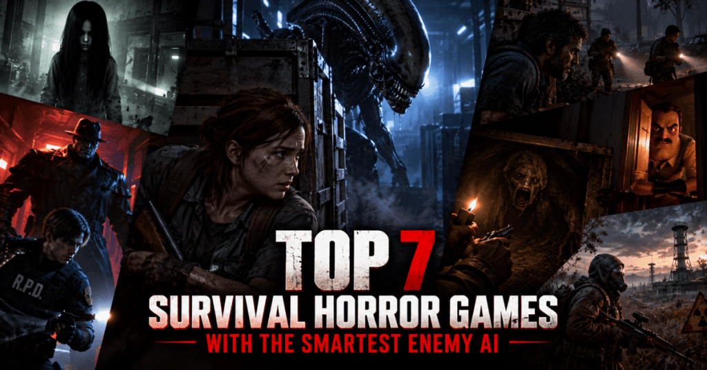 Cinematic collage of stealth and horror-game adversaries with a human survivor, alien predator and hostile armed NPCs.