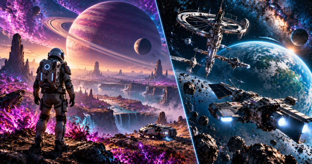 Original space-game editorial artwork showing an astronaut on an alien landscape and an orbital station beside a blue planet.