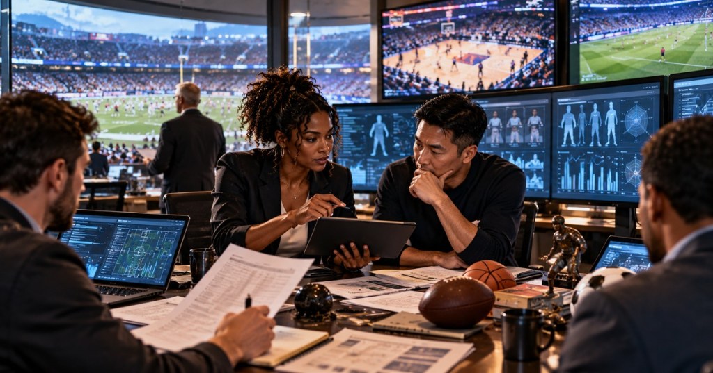 Original editorial concept photograph showing a diverse team of sports general managers and analysts reviewing player statistics, rosters, and strategy in a stadium-side operations room.