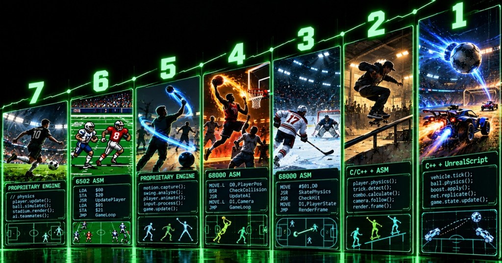 Neon countdown graphic ranking seven sports games with scenes for soccer, retro football, motion sports, basketball, hockey, skateboarding and rocket-car soccer alongside code motifs.