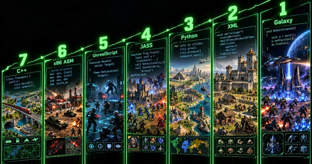 Neon-green countdown graphic ranking seven classic strategy games with programming language labels and game-world scenes.