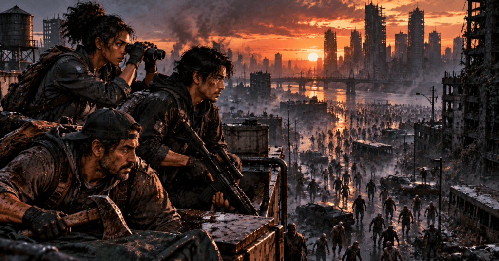 Original cinematic illustration of diverse survivors overlooking a zombie-infested city from a rooftop at sunset.