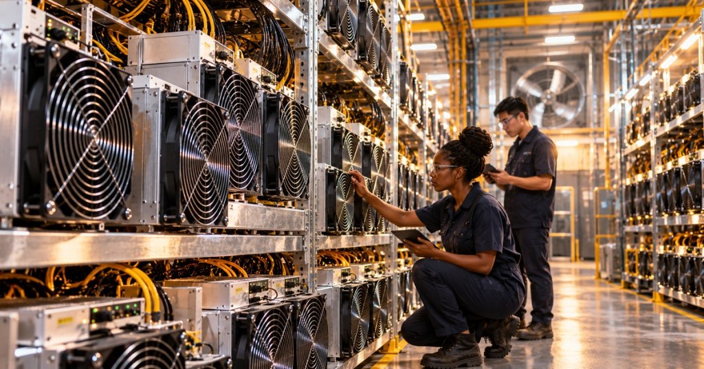Original editorial photograph-style image of technicians inspecting air-cooled Bitcoin ASIC racks