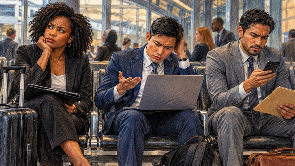 Color-pencil illustration of a diverse group of job candidates waiting with luggage, a laptop, and interview materials.