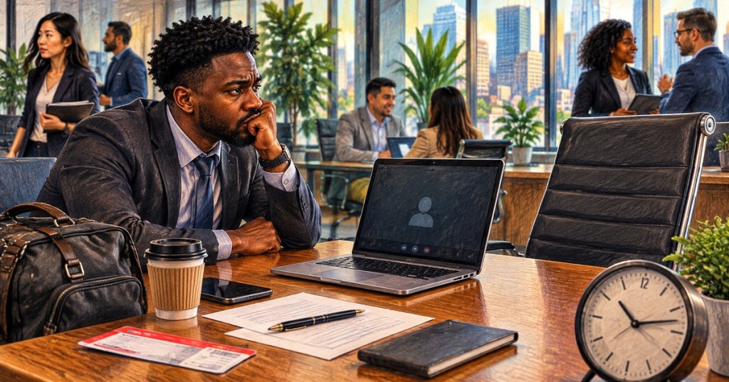 Color-pencil illustration of a Black job candidate waiting at a conference table with an empty video interview screen while a diverse office works in the background.