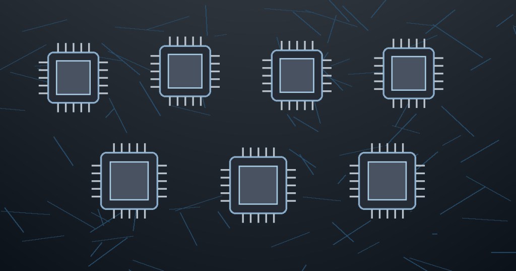 Wordless technical illustration showing seven AI accelerator chips on a circuit-board backdrop.
