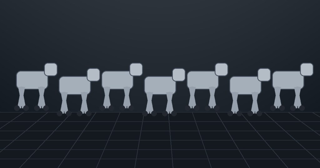 Wordless technical illustration showing seven quadruped robot dogs in an industrial testing space.