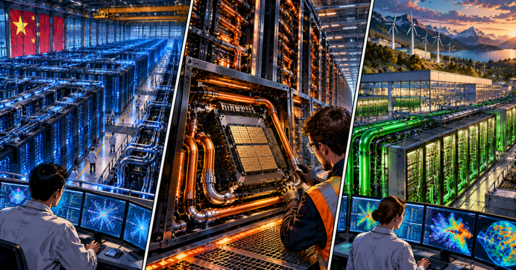 Story-specific triptych comic of three supercomputing centers, data center engineers and liquid-cooled technology