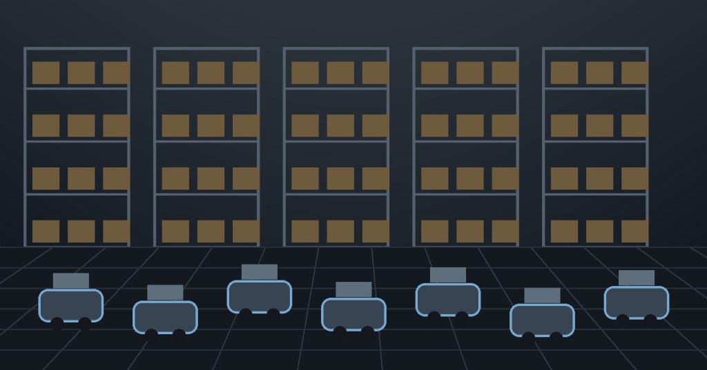 Wordless technical illustration showing seven autonomous warehouse robots moving through storage aisles.