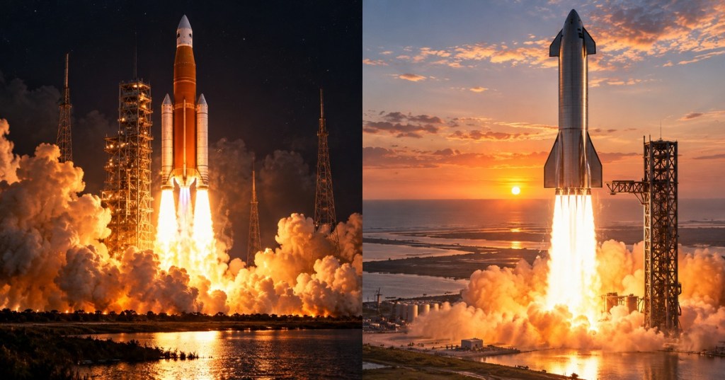 Split-screen editorial artwork showing an orange-core heavy rocket and a stainless-steel super-heavy rocket launching from coastal pads at night and sunset