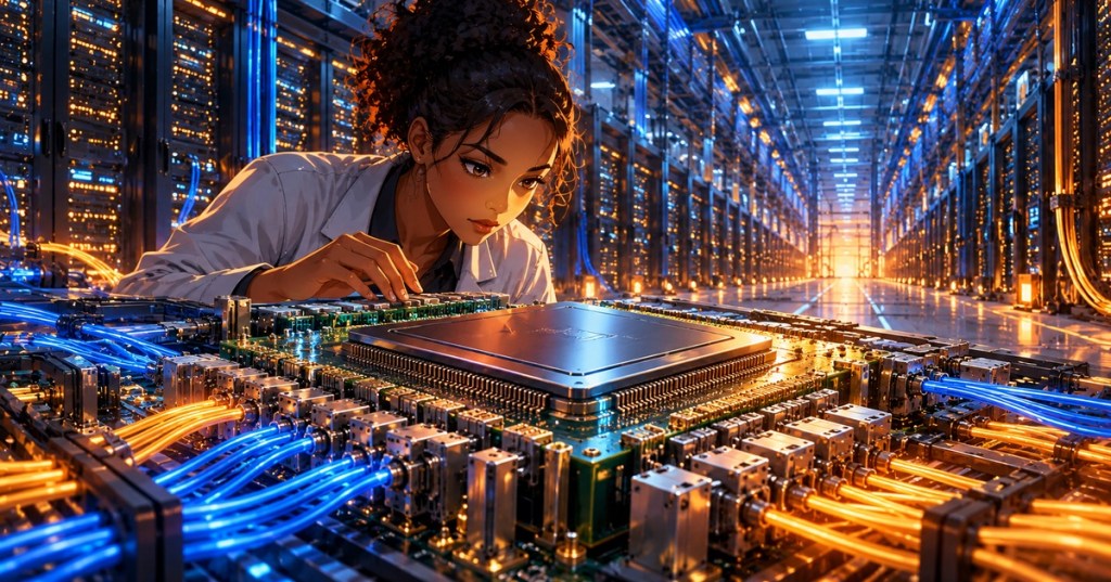 Original anime-style editorial artwork of a Black woman engineering specialist inspecting switch silicon among blue and amber data center network cables and server racks