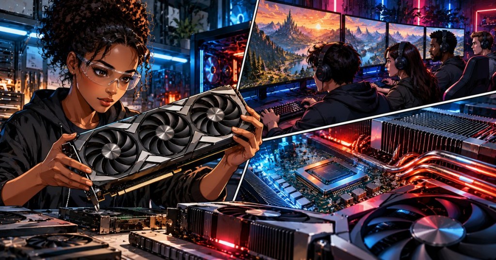 Wordless comic-style editorial artwork of a PC hardware engineer inspecting a triple-fan graphics card, gamers playing, and close-up motherboard components