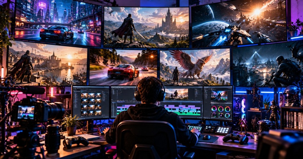 Rich cinematic gaming studio with multiple game trailer screens