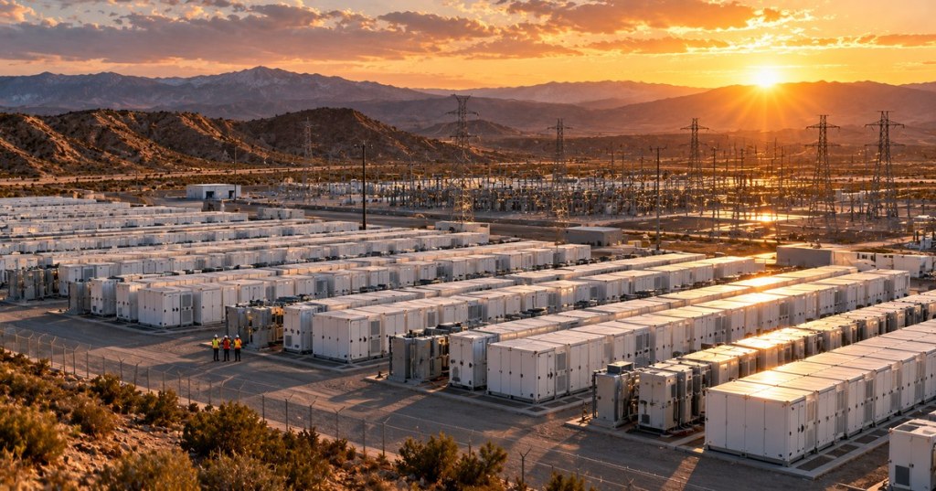 Conceptual realistic editorial photo of large battery storage facility at sunset, with rows of white containers, transformers and power lines