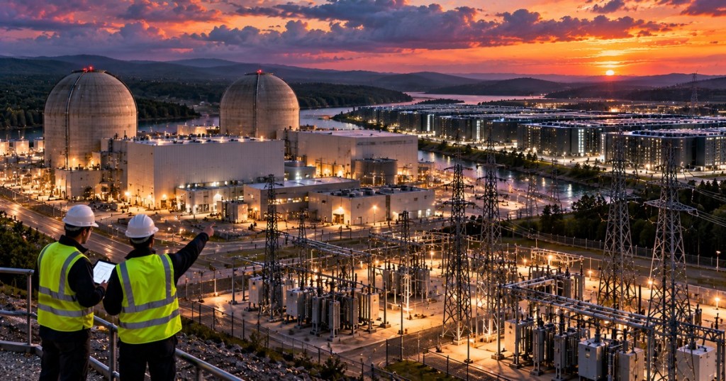 Detailed cinematic nuclear power plant and AI data center at sunset with engineers and power infrastructure