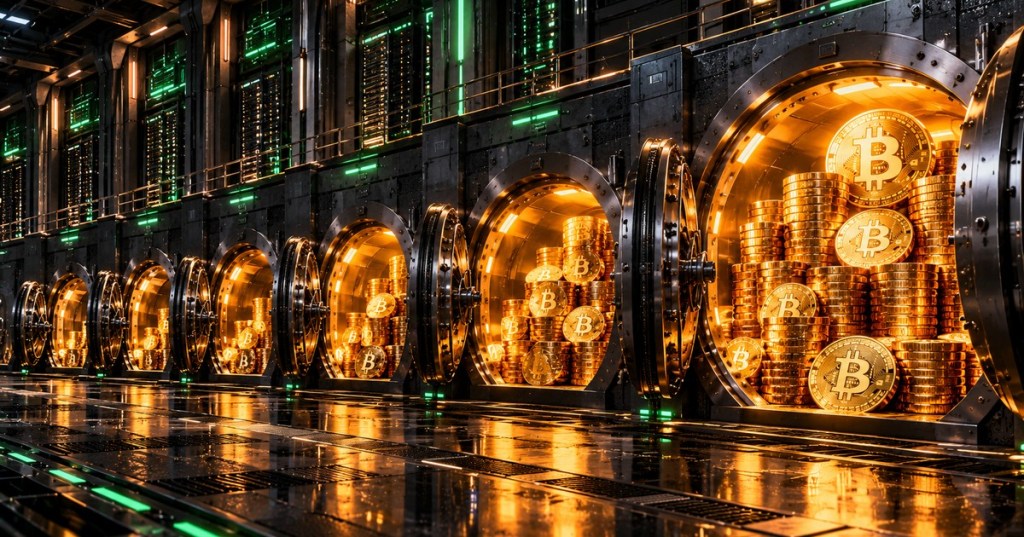An editorial illustration of seven secure high-tech vaults containing progressively larger Bitcoin coin stacks, symbolizing ranked corporate treasury holdings.