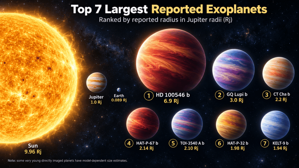 Scale comparison of the Sun, Jupiter, Earth and seven of the largest reported exoplanets by radius, led by HD 100546 b at a reported 6.9 Jupiter radii.