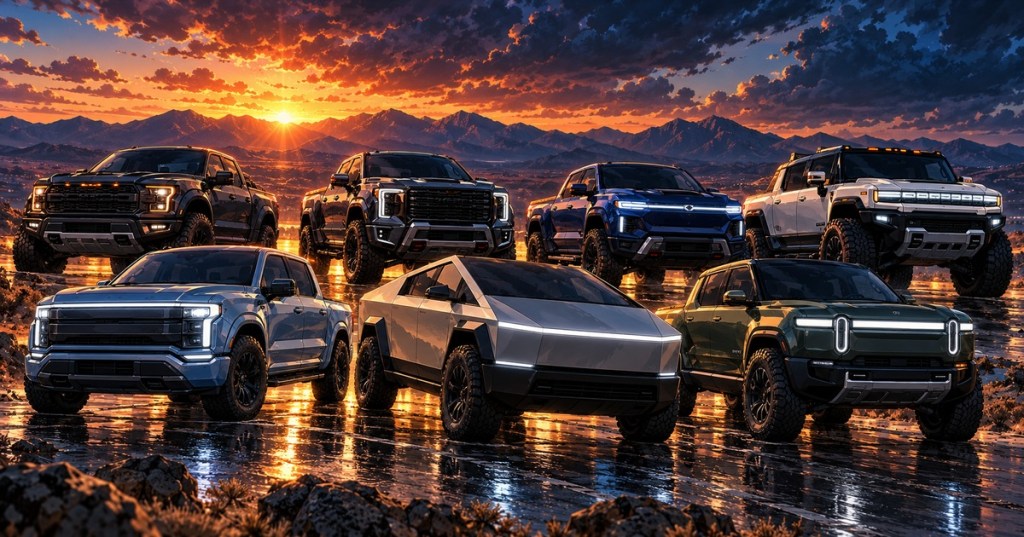Anime-style illustration of seven high-performance consumer pickup trucks gathered at sunset on a wet mountain road.
