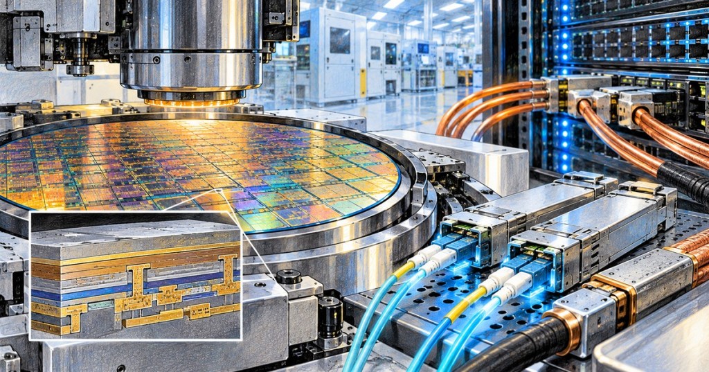 Semiconductor wafer, optical modules, fiber links and data center hardware illustrating SiGe capacity for AI interconnects.