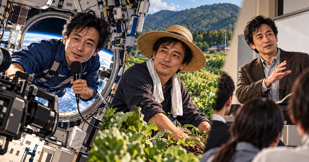 Editorial illustration of Toyohiro Akiyama's career as a journalist reporting from space, farmer, and professor.