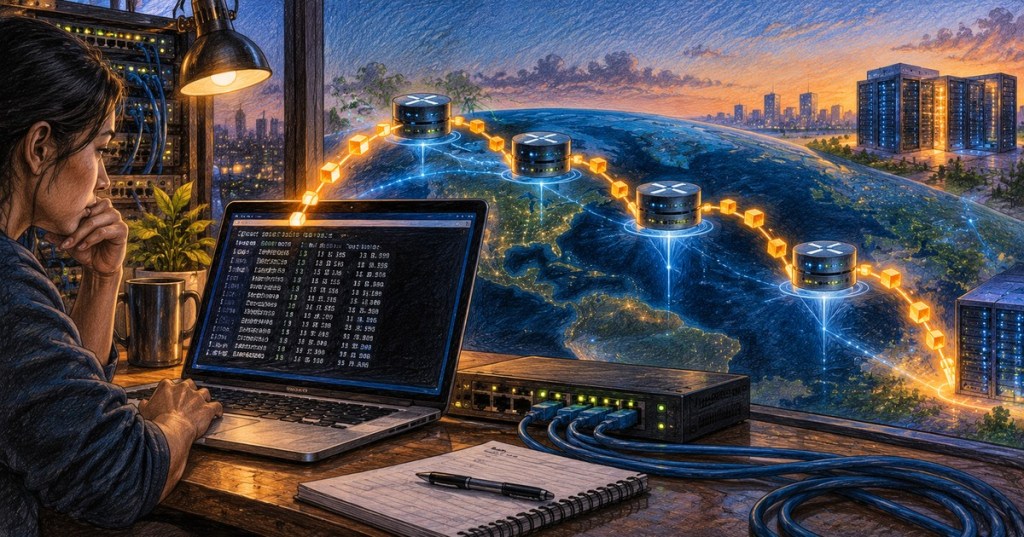 Color-pencil illustration of a technician tracing network traffic through routers across a global internet path.