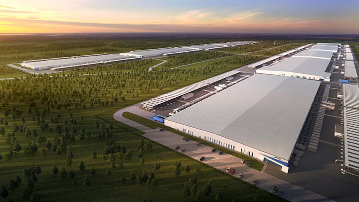 Tract's conceptual rendering of an Altoona technology park with long white data center buildings, green buffers and internal roads