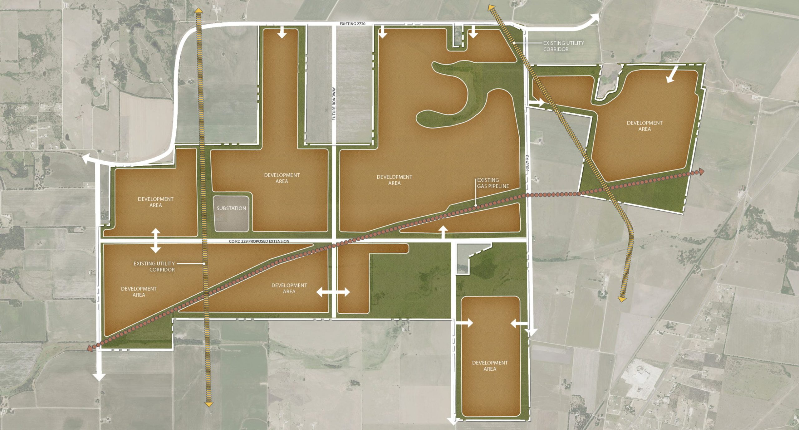 Tract official Caldwell Valley site plan showing development areas, major roads, utility corridors and substation location