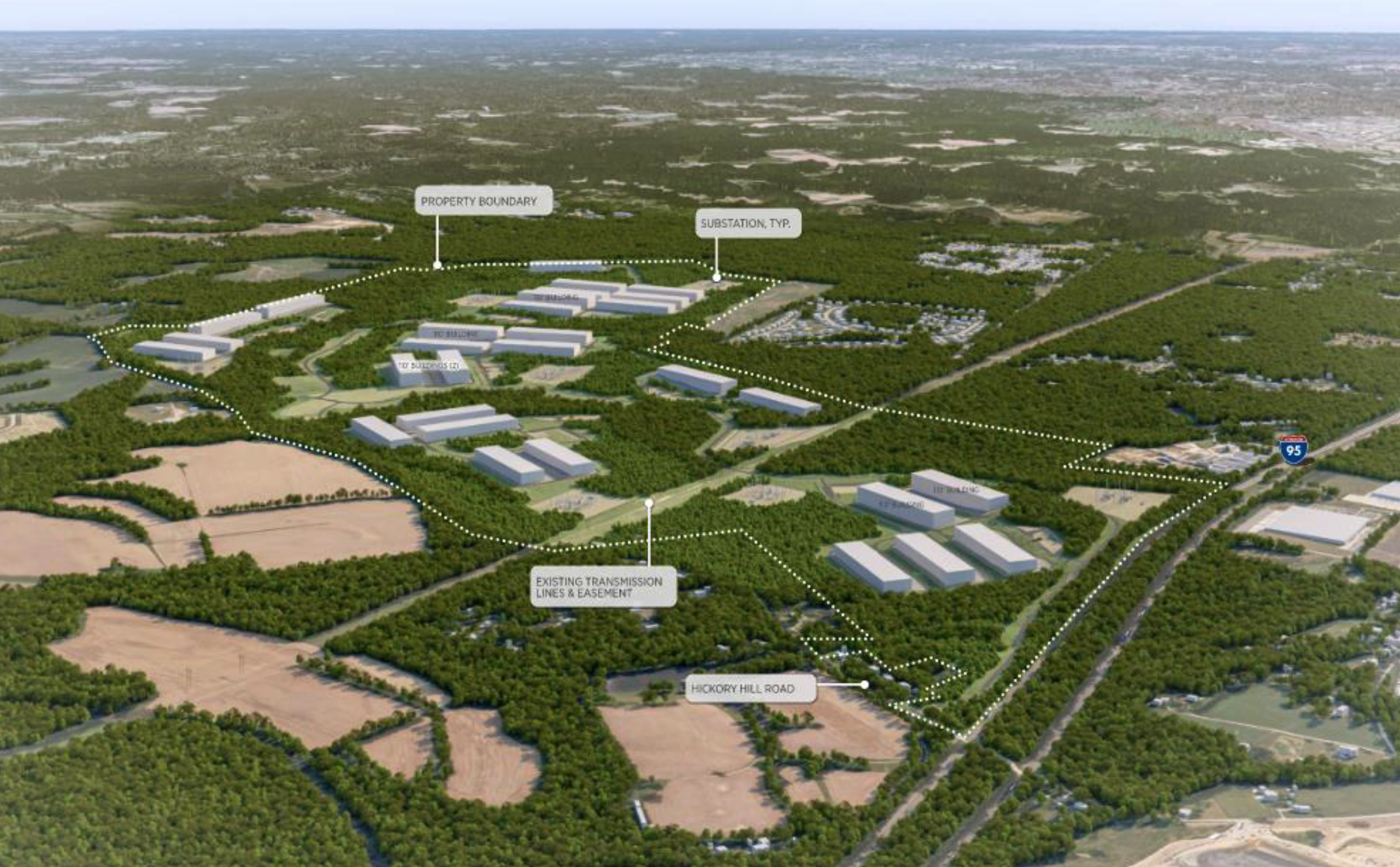 Tract's conceptual Hanover Technology Park master plan showing data center buildings between forest buffers and planned substations along Hickory Hill Road