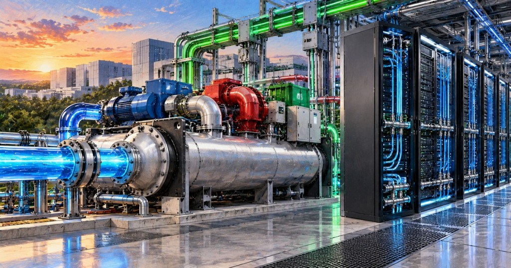 Illustration of high-capacity data center cooling infrastructure beside liquid-cooled AI server racks