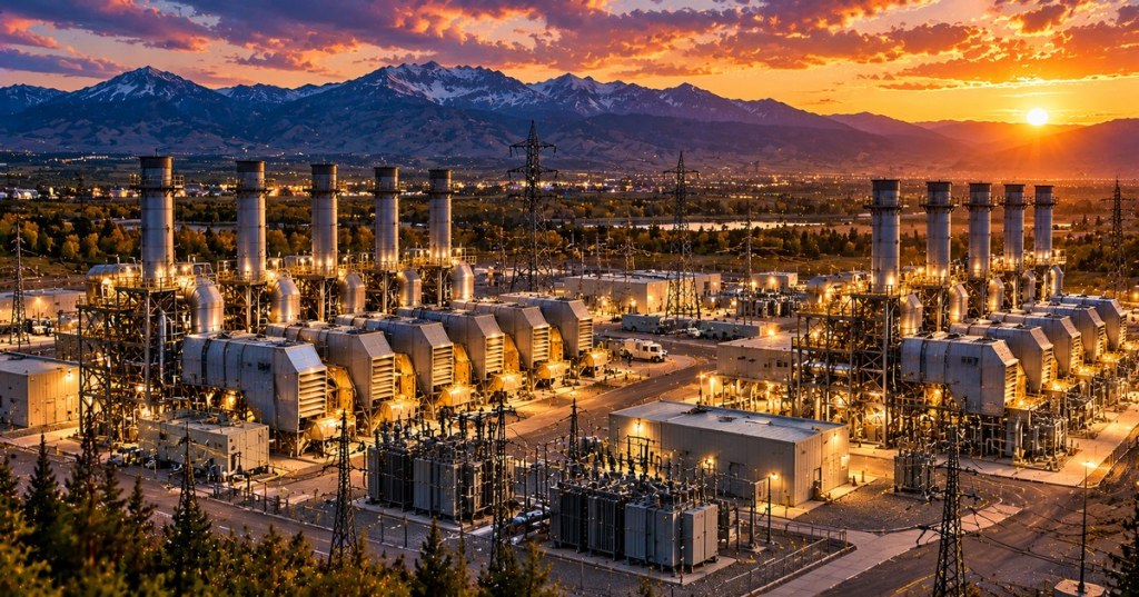 Rich editorial illustration of modern natural gas peaking generators, substations and transmission lines at sunset in a Colorado-inspired mountain landscape; conceptual artwork, not a photograph of either acquired facility.