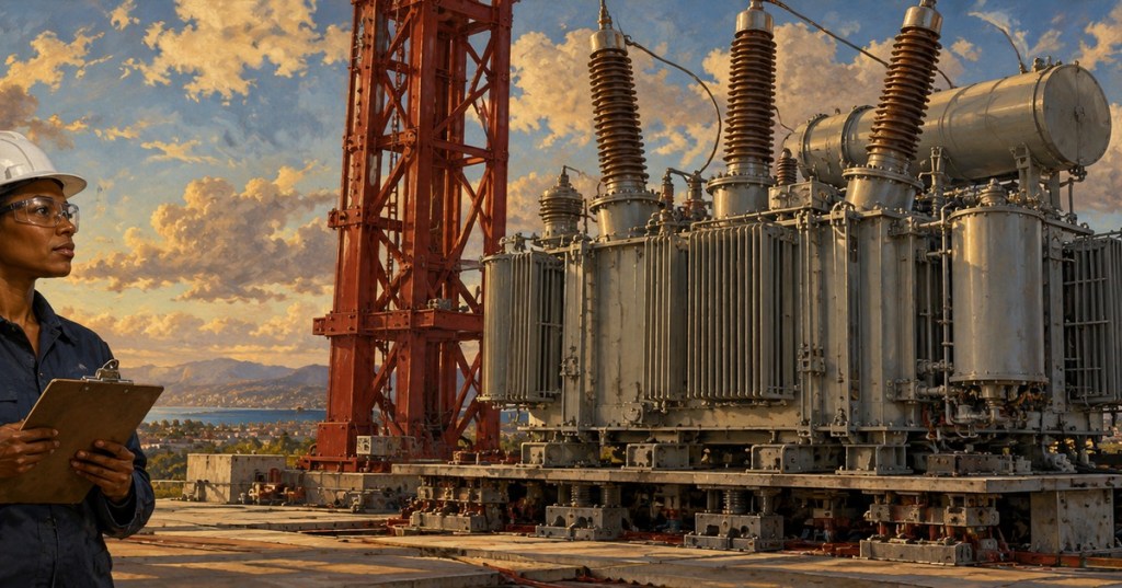 Renaissance-style painting of a Black woman engineer with two natural hands and arms observing a large power transformer at an earthquake test facility.