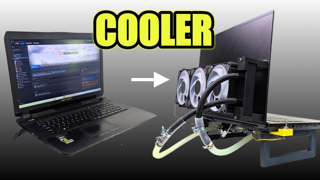 A heavily modified gaming laptop fitted with a large external liquid-cooling radiator and tubing by hardware modder TrashBench.