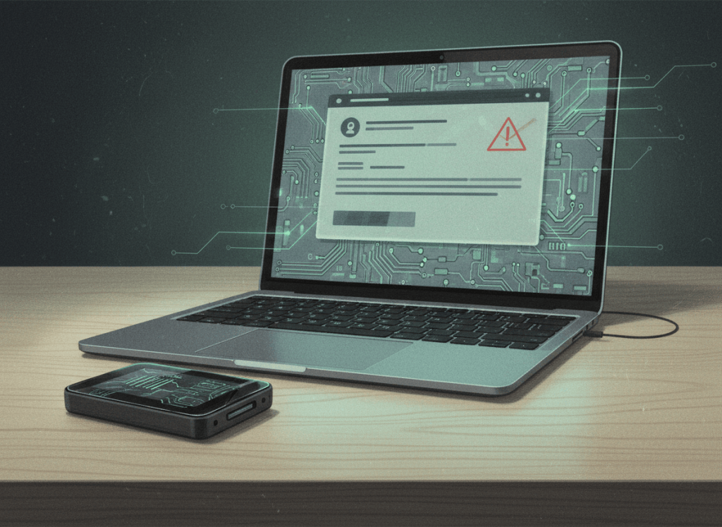 Color-pencil illustration of a hardware wallet beside a laptop displaying a suspicious security email.