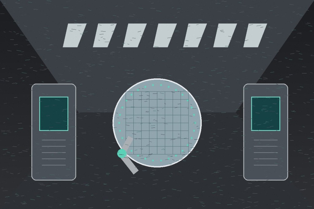 Colored-pencil style illustration of a semiconductor cleanroom with wafer-processing equipment and a silicon wafer.
