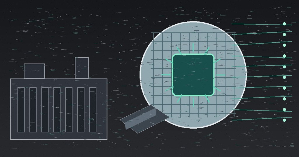 Colored-pencil style illustration of a semiconductor fab, silicon wafer, and AI processor die.