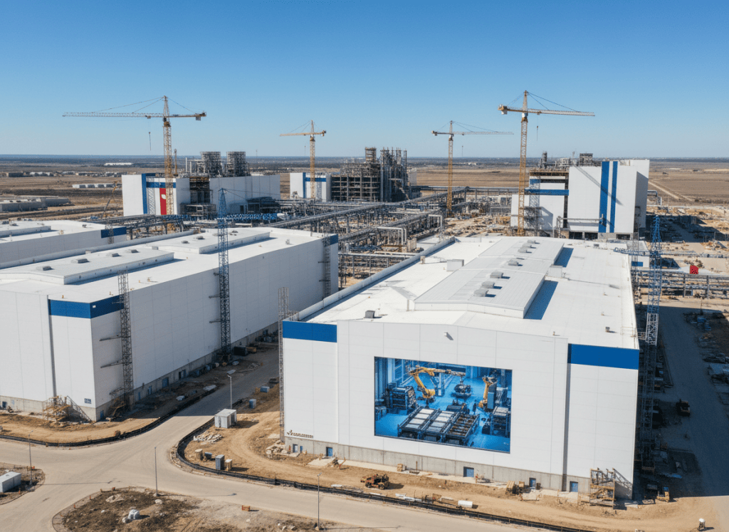 Advanced semiconductor fabrication campus in Texas with cleanroom equipment, wafer production infrastructure and new construction