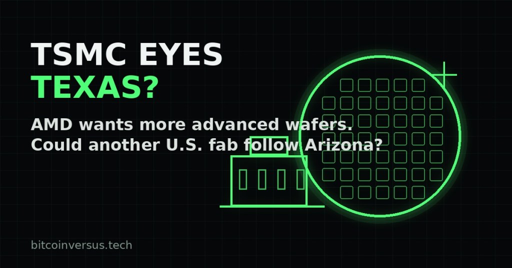 Dark technical illustration of a semiconductor wafer and chip fab representing TSMC considering a Texas expansion as AMD seeks more wafer capacity