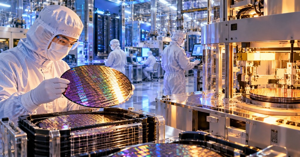 Anime-style editorial image of technicians and wafer-processing equipment inside an advanced semiconductor fabrication cleanroom.
