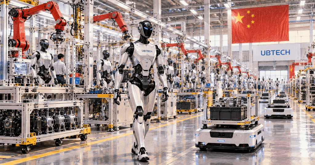 Colored-pencil-style illustration of an automated UBTECH humanoid robot factory in China with Walker-style humanoids, robotic arms, and autonomous material carts.
