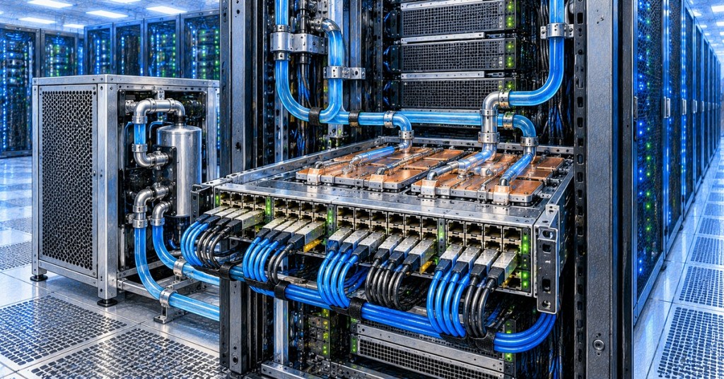 Liquid-cooled high-density AI networking switch with blue coolant lines and fiber connections in a data center.