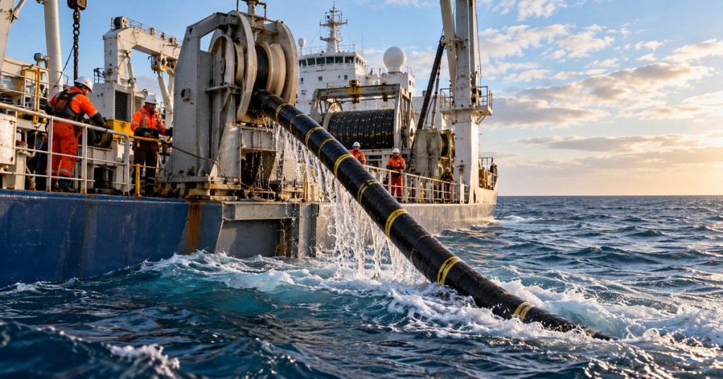 Cable repair vessel crew retrieving a thick submarine cable from the ocean using deck machinery