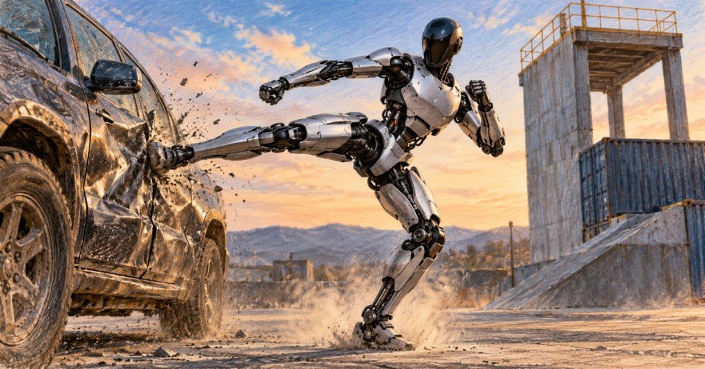 Editorial illustration of a silver humanoid robot delivering a side kick to a damaged SUV in an industrial test yard; conceptual artwork, not Unitree demonstration footage